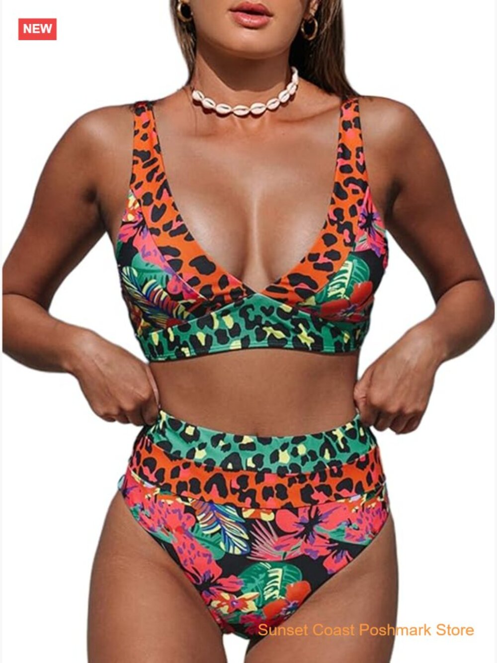 Women's V Neck High Waisted Leopard Bikini 2 Piece Bathing Suit with Adjustable